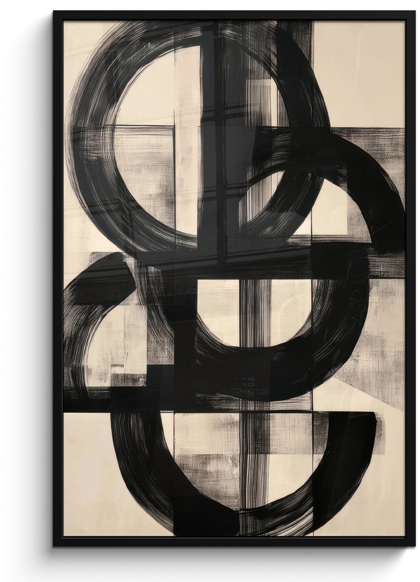 FrameYourWall Poster in lijst - Fotolijst 80x120 cm - Posters - Cirkels - Lijnen - Vormen - Zwart - Posterlijst zwart - Decoratie - Wanddecoratie woonkamer - Muurdecoratie slaapkamer