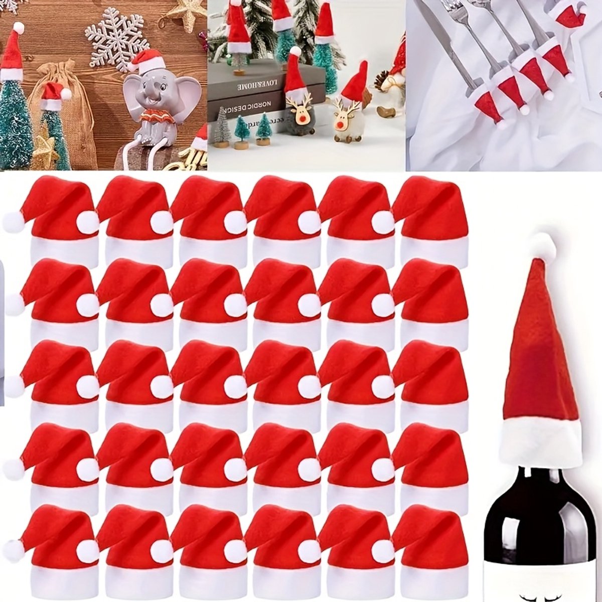 VANDAAG VERZONDEN - Bestekzakjes 15 stuks - Decoratie Kerstdiner - Kerstmutsen - Bestekhouder - Kersttafel - Wijfles Kerstmuts