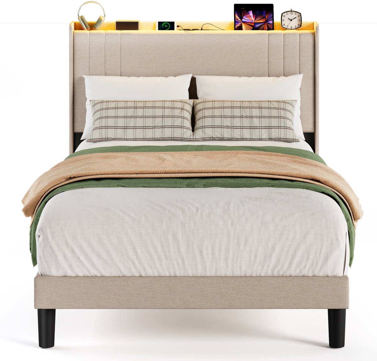 Xbro Gestoffeerd Bed 120 x 200 cm – met LED-Verlichting & USB/Type-C Oplaadpoort – Tweepersoonsbed met Hoofdbord en Lattenbodem – Beige — cadeau in Cadeau-ideeën - foto 8