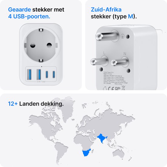 Witte reisstekker met 4 USB-poorten en een wereldkaart die landen in Azië en Afrika markeert.