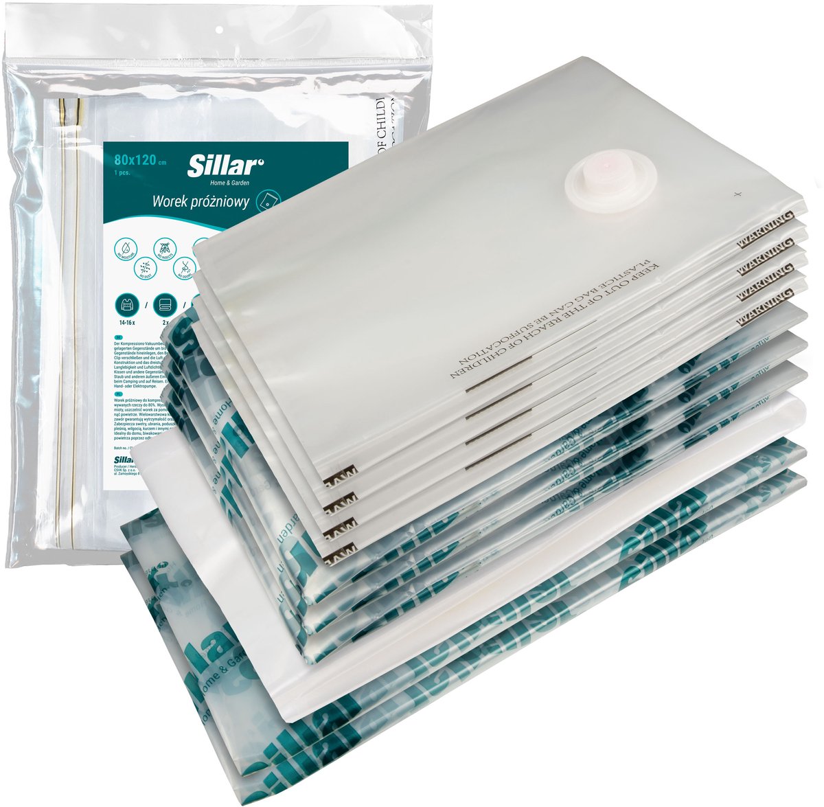 Sillar Set 10 Vacuümzakken van textiel, dekbedden, kleding, 4 maten: 80x120cm, 60x80cm, 70x100cm, 80x100x30cm, vacuümzakken voor kleding, duurzaam, PA/PE, 80 micron, 7 lagen