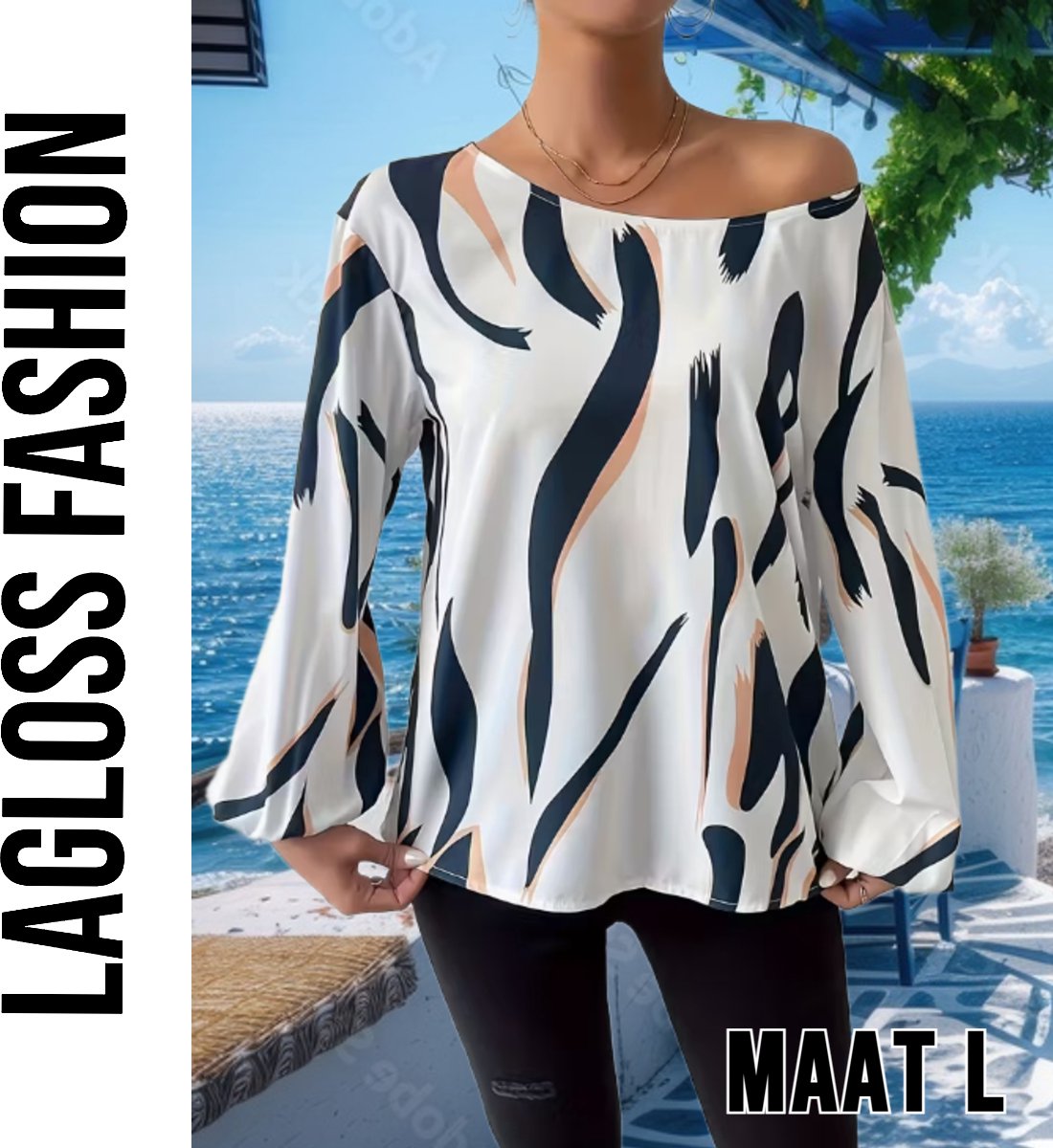 LaGloss® Dames Blouse – Blauw-Wit Abstracte Print – Lange Mouwen – Ronde Hals – Modieuze Elegante Voorjaars- & Herfsttop – Maat L