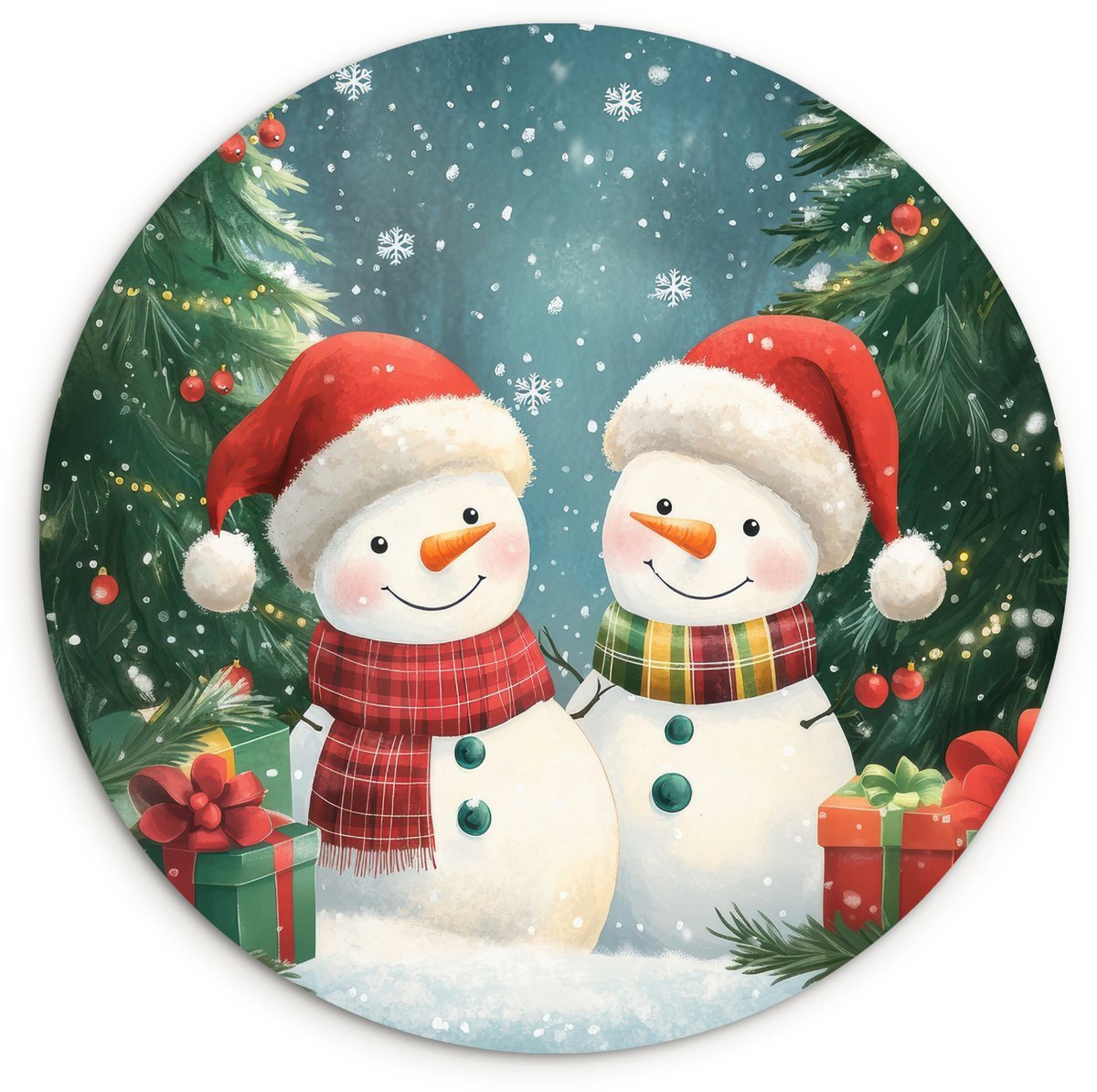 WallCircle Wandcirkel 90x90 cm - Muurcirkel Sneeuwpop - Kerstsneeuw - Groen - Rood - Muurdecoratie woonkamer - Wanddecoratie slaapkamer - Kamer decoratie accessoires - Ronde schilderijen