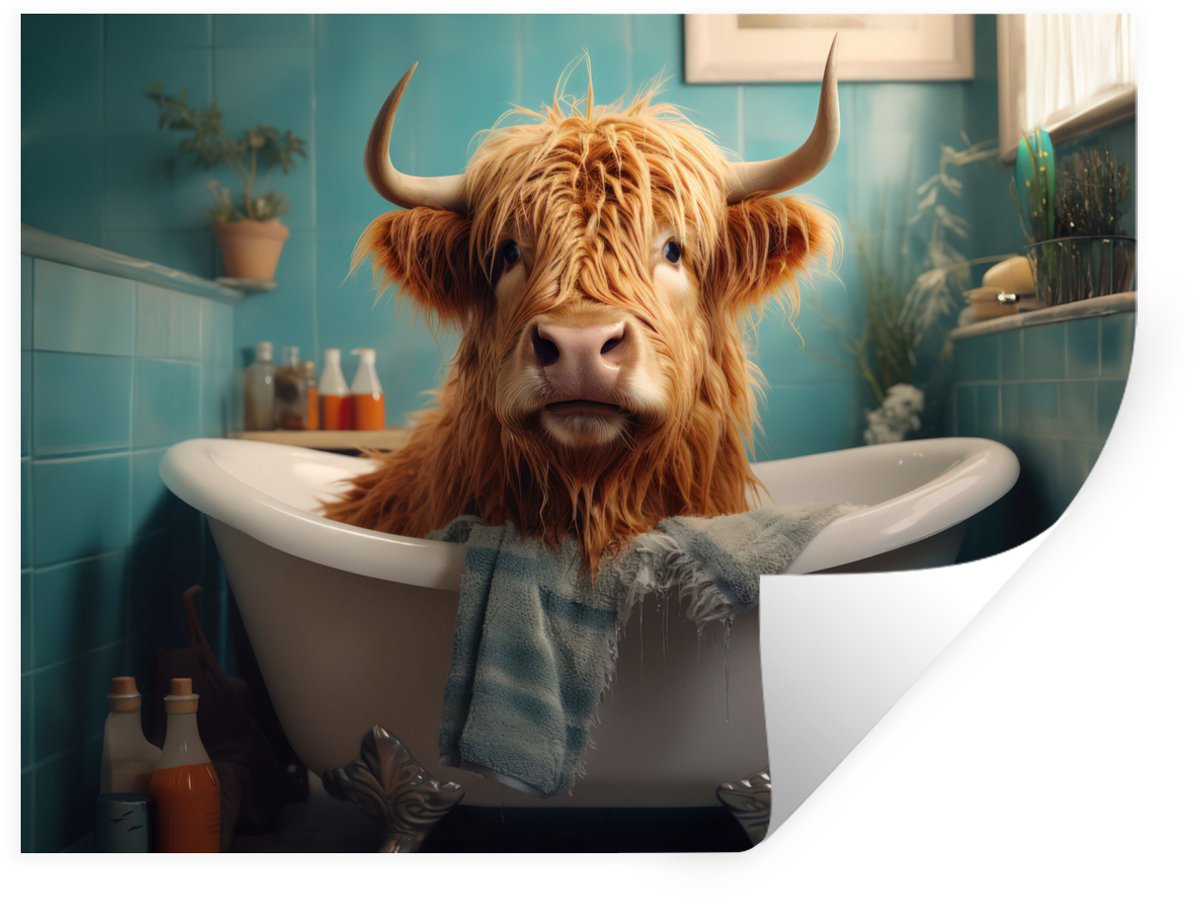 Muurstickers - Sticker Folie - Schotse hooglander - Badkamer - Blauw - Bad - 80x60 cm - Pl