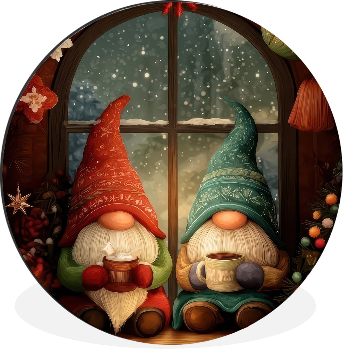 WallCircle Wandcirkel - Muurcirkel - Gnooms - Kerst - Raam - Kleurrijk - Aluminium - Dibond - 60x60 cm - Binnen en Buiten