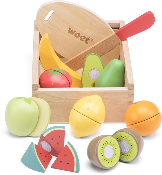 Foto: Woet houten snijset fruit in opbergdoos speelset met snijplank appel banaan citroen aardbei educatief speelgoedeten rollenspel keukenspeelgoed vanaf 2 jaar