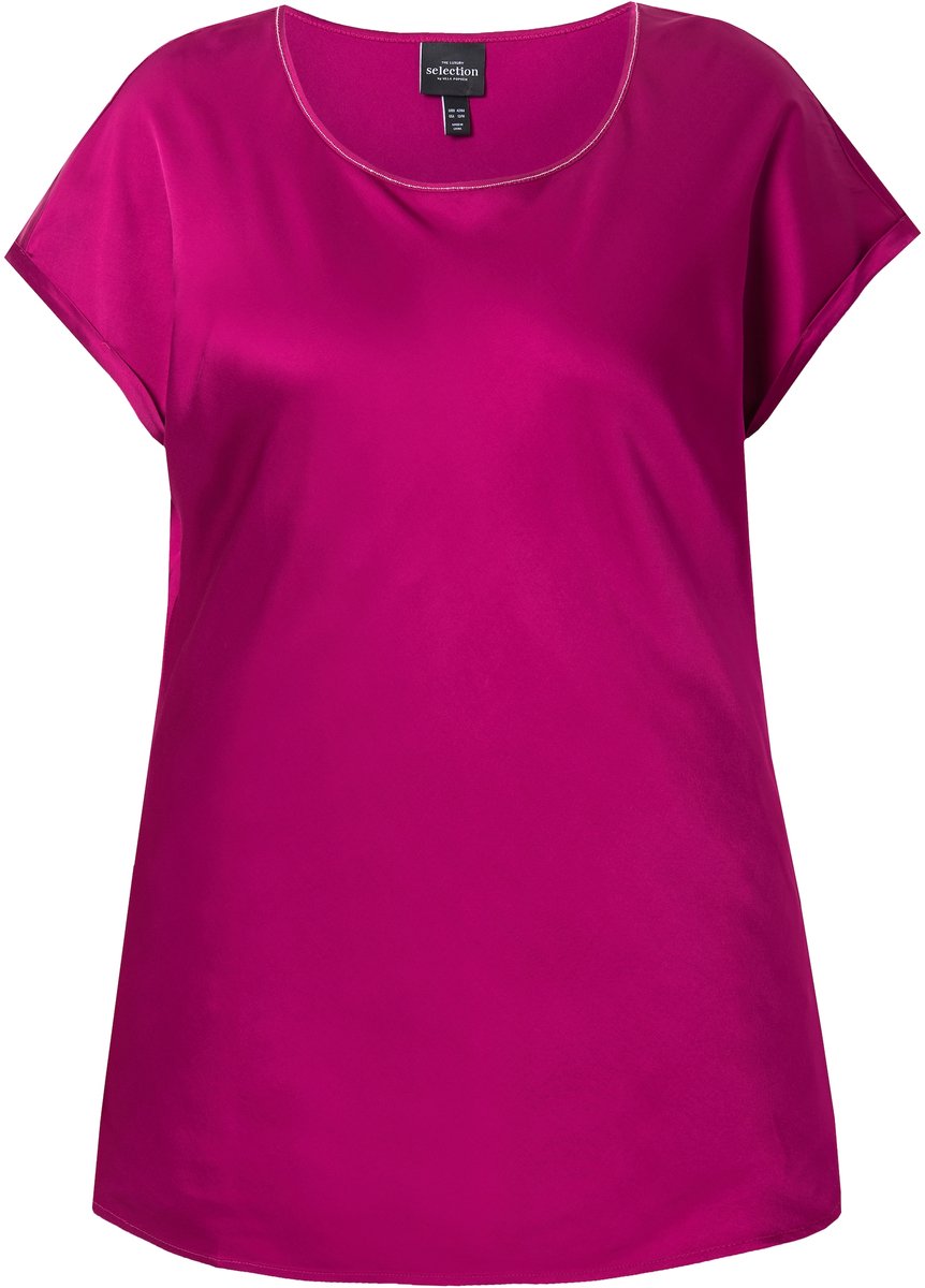 Ulla Popken - Dames - Satijnen overhemdblouse classic ronde hals met glitternaad - Magenta - Maat 54+
