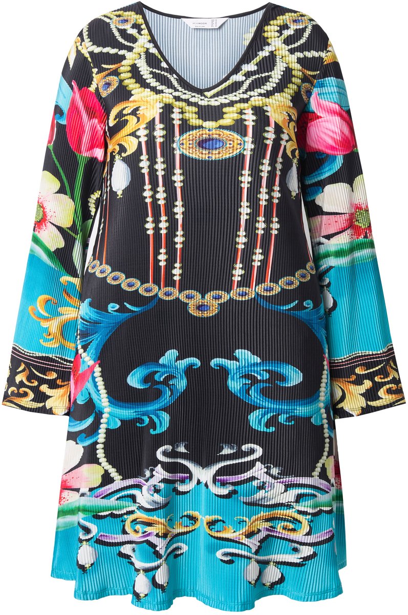 MIAMODA - Dames - Tuniek A-lijn geplooid met all-over print - Zwart - Maat 50