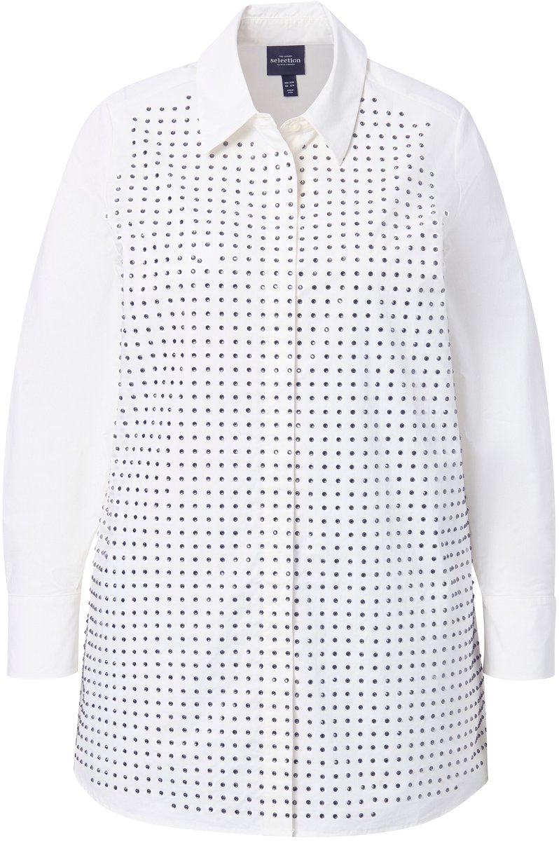 Ulla Popken - Dames - Blouse siersteentjes A-lijn overhemdkraag lange mouwen - Sneeuwwit - Maat 46+