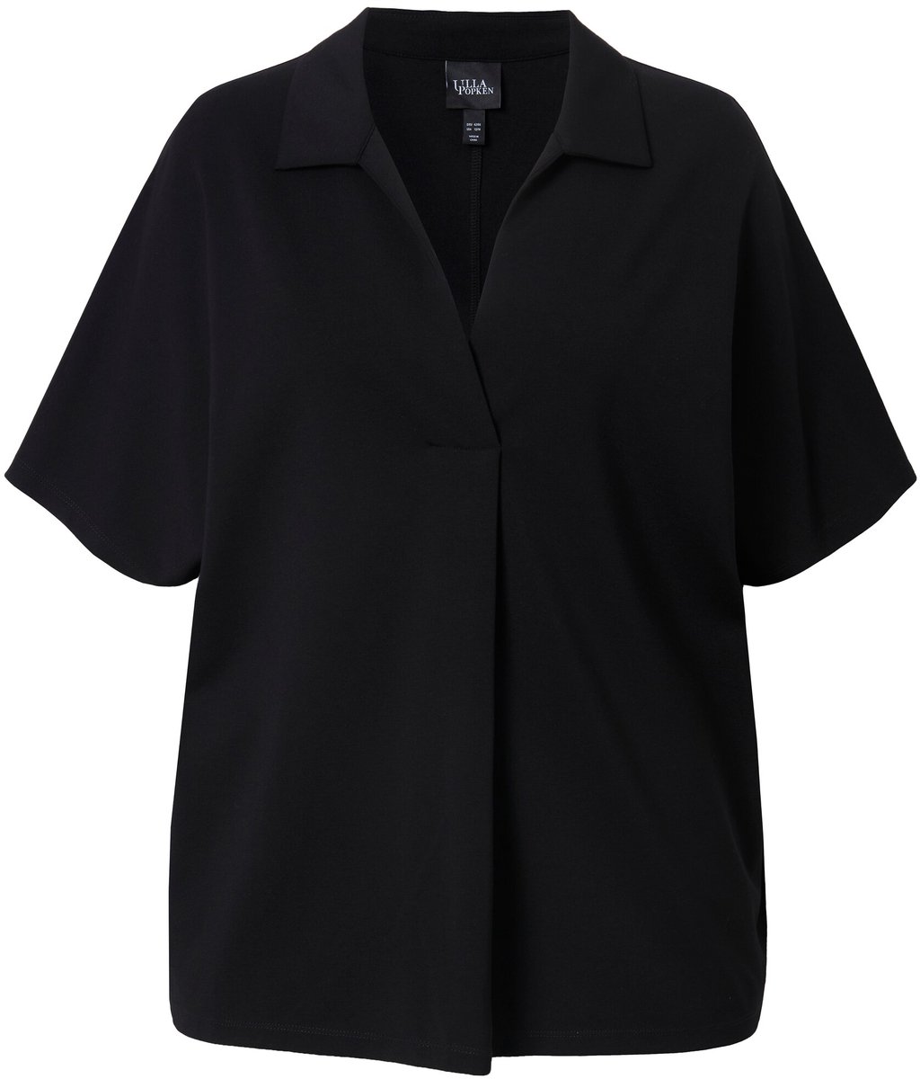 Ulla Popken - Dames - Sweatshirt oversized overhemdkraag korte mouwen - Zwart - Maat 46+