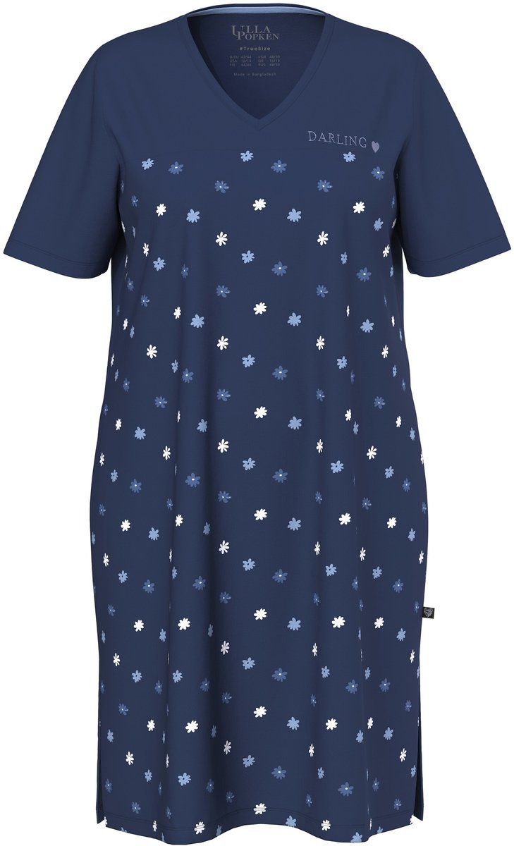 Ulla Popken Dames - Bigshirts bloemen borduursel V-hals korte mouw - Nachtblauw - Maat 46+
