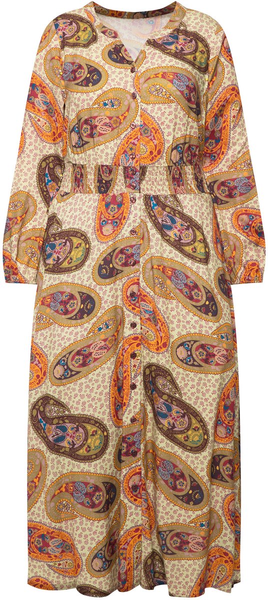 Ulla Popken Dames - Maxi-jurk paisley A-lijn V-hals lange mouwen - Mat goud - Maat 54+