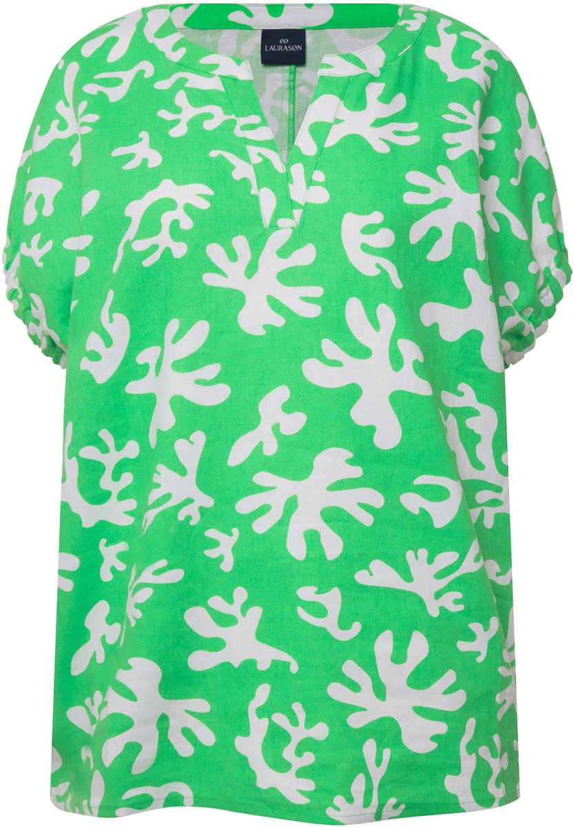 Laurasøn - Dames - Blouse van linnenmix koraalprint tuniekhalslijn halve mouwen - Mintgroen - Maat L