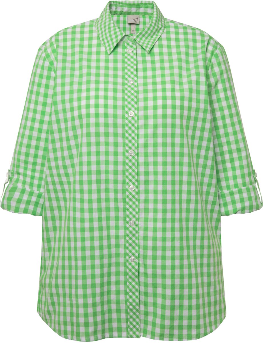 Ulla Popken - Dames - Overhemdblouse geruit overhemdkraag lange mouw oprolbandje - Grasgroen - Maat 46+