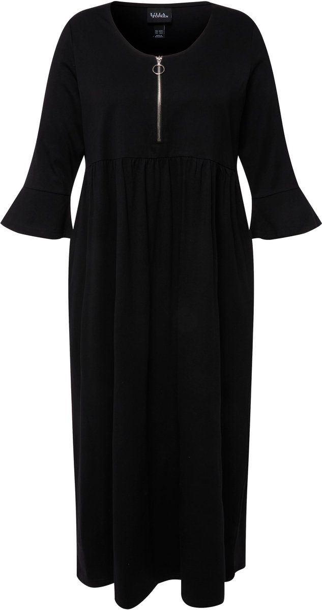 Ulla Popken Dames - Jersey jurk A-lijn empire-naad ronde hals 3/4-mouw - Zwart - Maat 58+