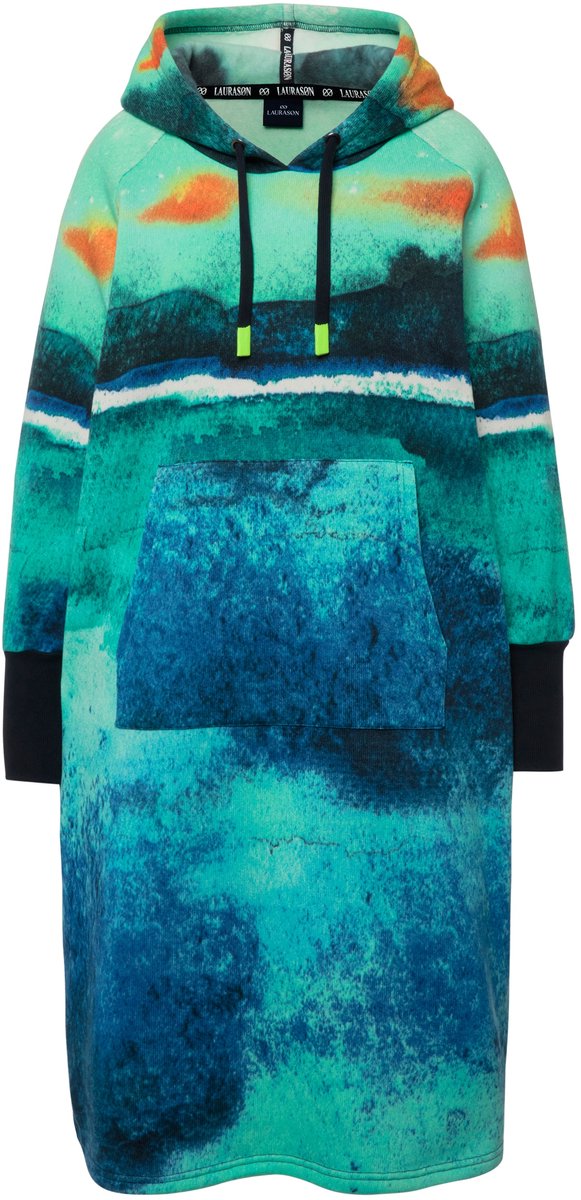 Laurasøn - Dames - Sweatjurk met capuchon en print - Lichtgeel - Maat XL