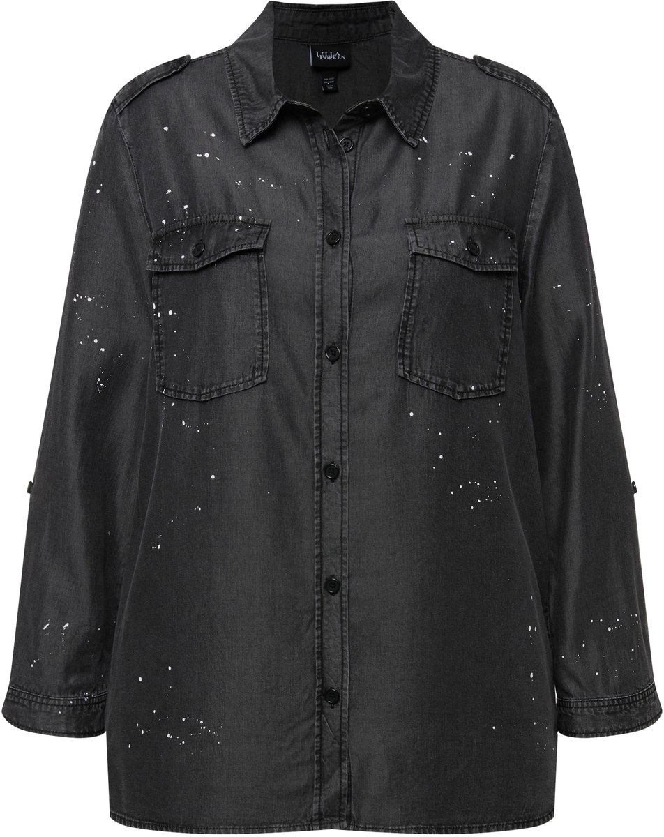 Ulla Popken - Dames - Denim blouse acid wash overhemdkraag lange mouwen - Grijs denim - Maat 54+