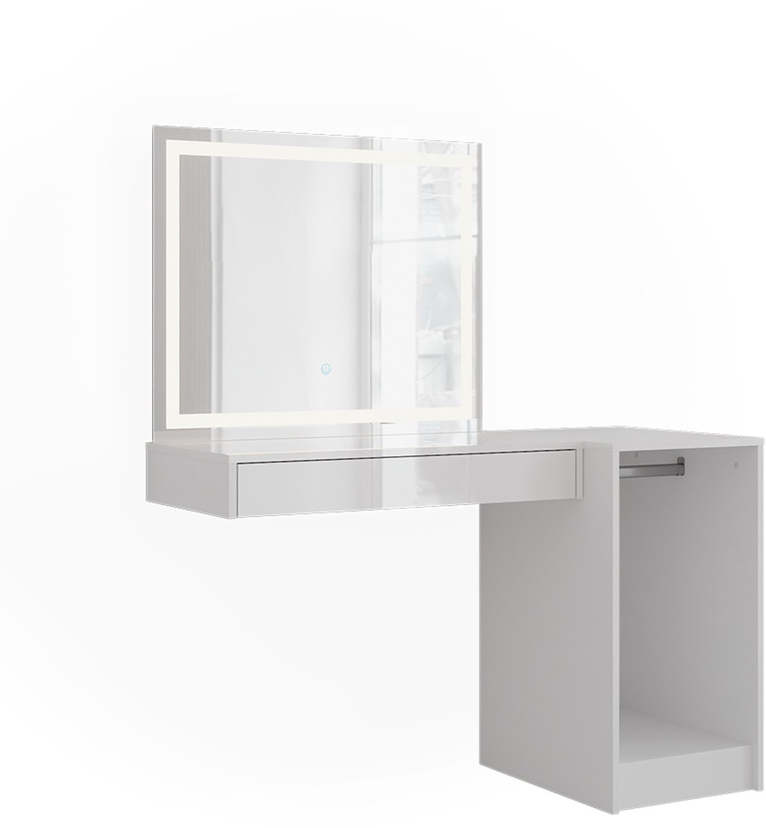 Vicco Kaptafel met licht Sherry, Wit/Wit Hoogglans, 120.2 cm met LED-spiegel en module met kledingstang