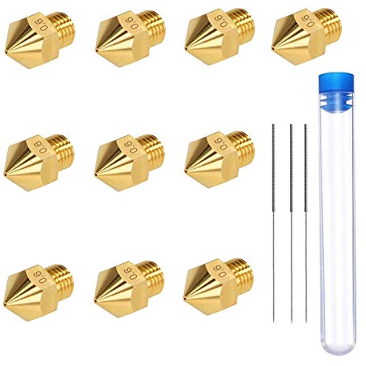 10 stuks MK8 3D printer nozzles 0.6 mm met 3 schoonmaaknaalden en opbergdoos