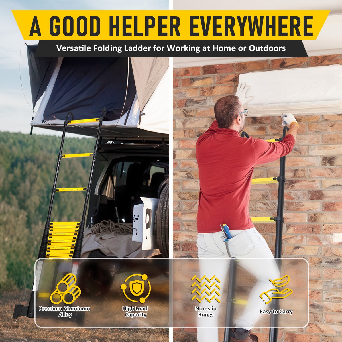 Telescopische Vouwladder - Telescopische Ladders - Werkhoogte 3,8M Zwart - zilverachtig - lichte uittrekbare ladder - met Barre d'équilibre en haken – foto 5