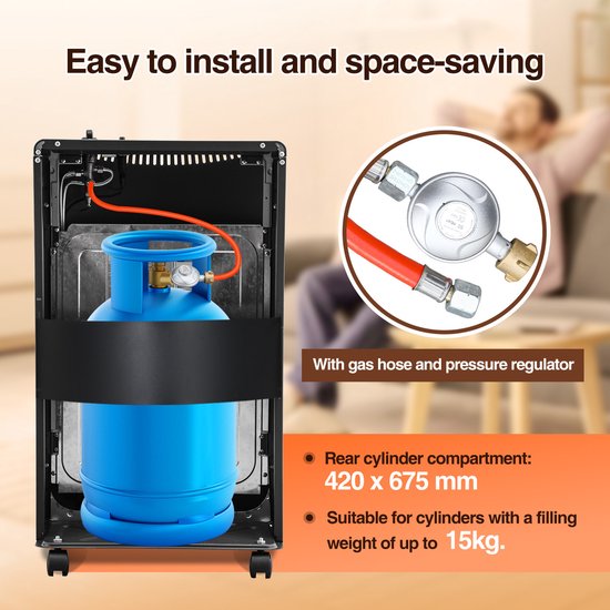 De achterkant van een zwarte mobiele gaskachel toont een blauwe gasfles, slang en drukregelaar. Tekst: 'Easy to install and space-saving.'