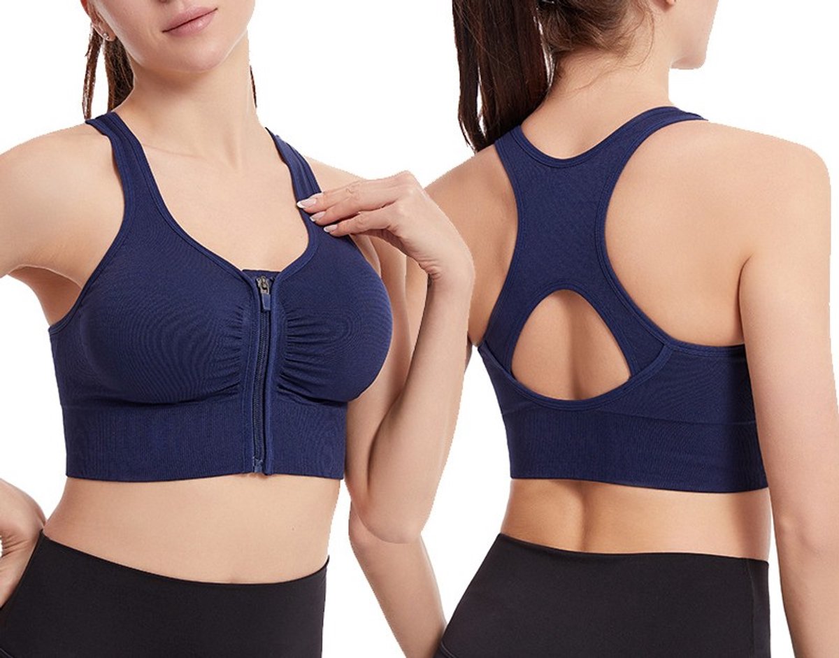 Sportbeha met voorsluiting - Maat S - Sport BH met rits - Fitness BH - Beha zonder beugel - Ondergoed dames - Sport kleding - Kledij – Bra – Blauw - LOUZIR
