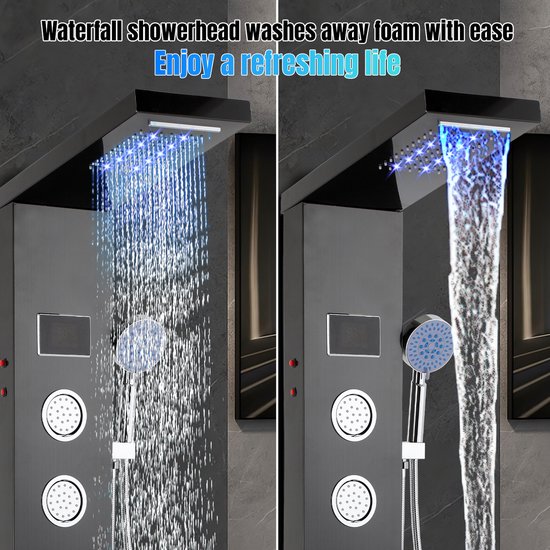 Zwart douchepaneel met waterval-douchekop, massagestralen en digitale temperatuurweergave. De ene helft toont regen, de andere helft een waterval.