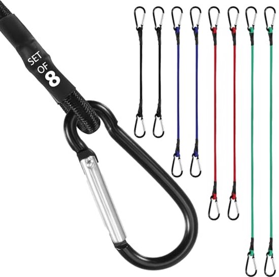 Spanrubber met haken set - 8 stuks, bungee-koord met grote karabijnhaak
