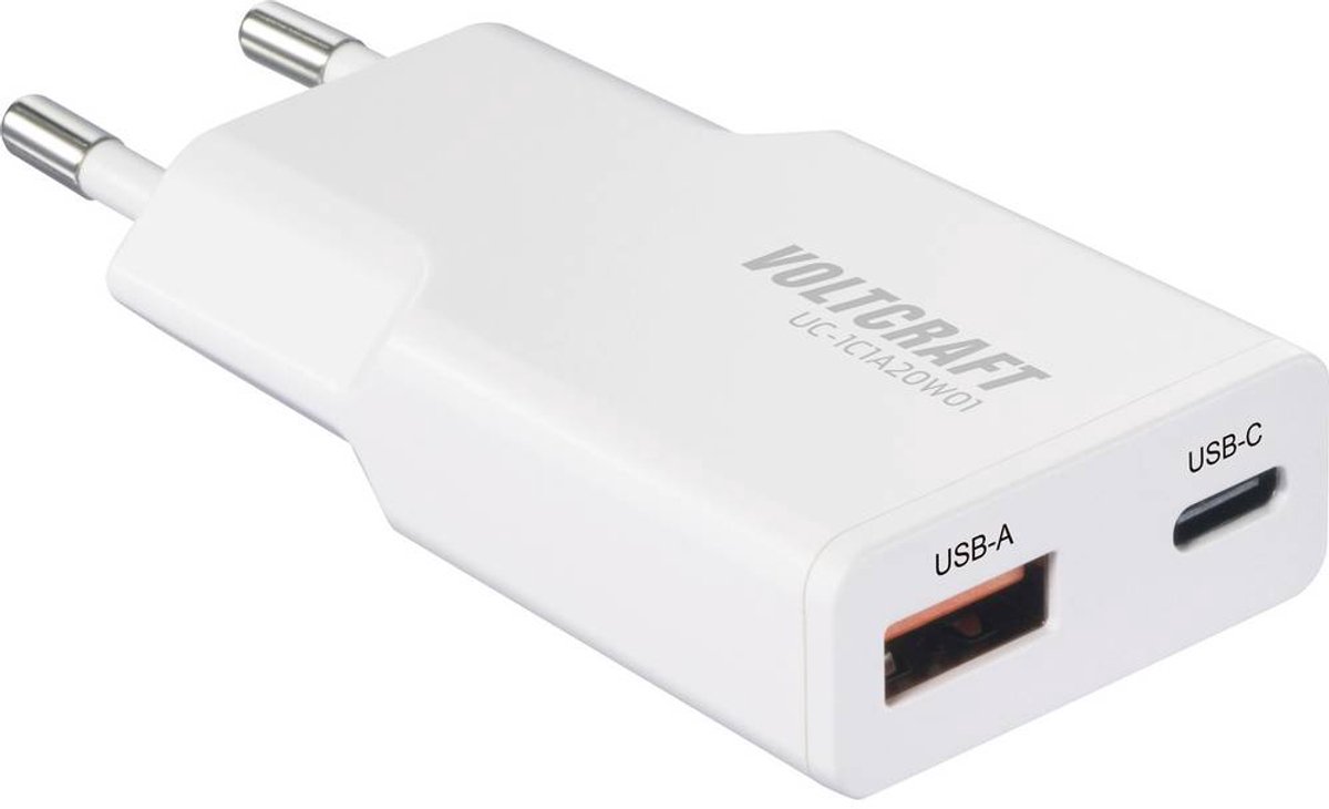 VOLTCRAFT UC-1C1A20W01 USB-oplader 20 W 1x USB-A, 1x USB-C Fast Charge, USB PD 3.0 Wit GaN