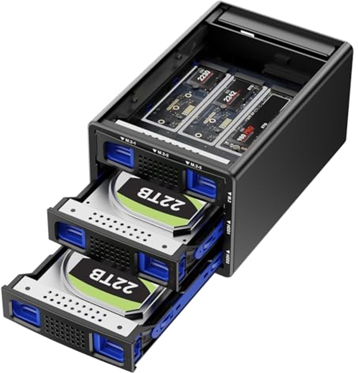 Hybride 2 x 3.5 RAID HDD + 3 M.2 NVMe Behuizing met Ventilator - Ondersteunt 63TB en USB A/C 3.2 Gen 2