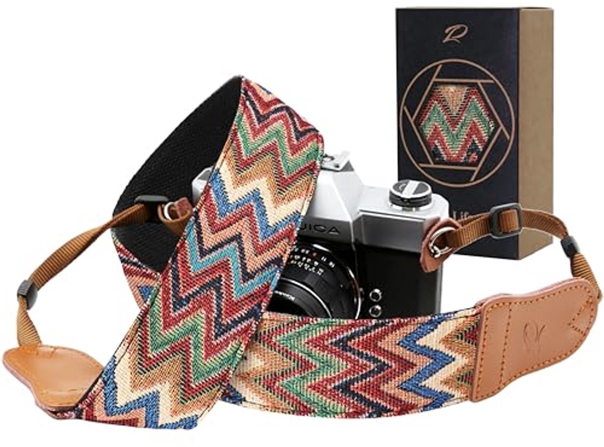 Camerariem voor fotografen - Vintage jacquard borduurwerk geweven katoen met koeienhuid
