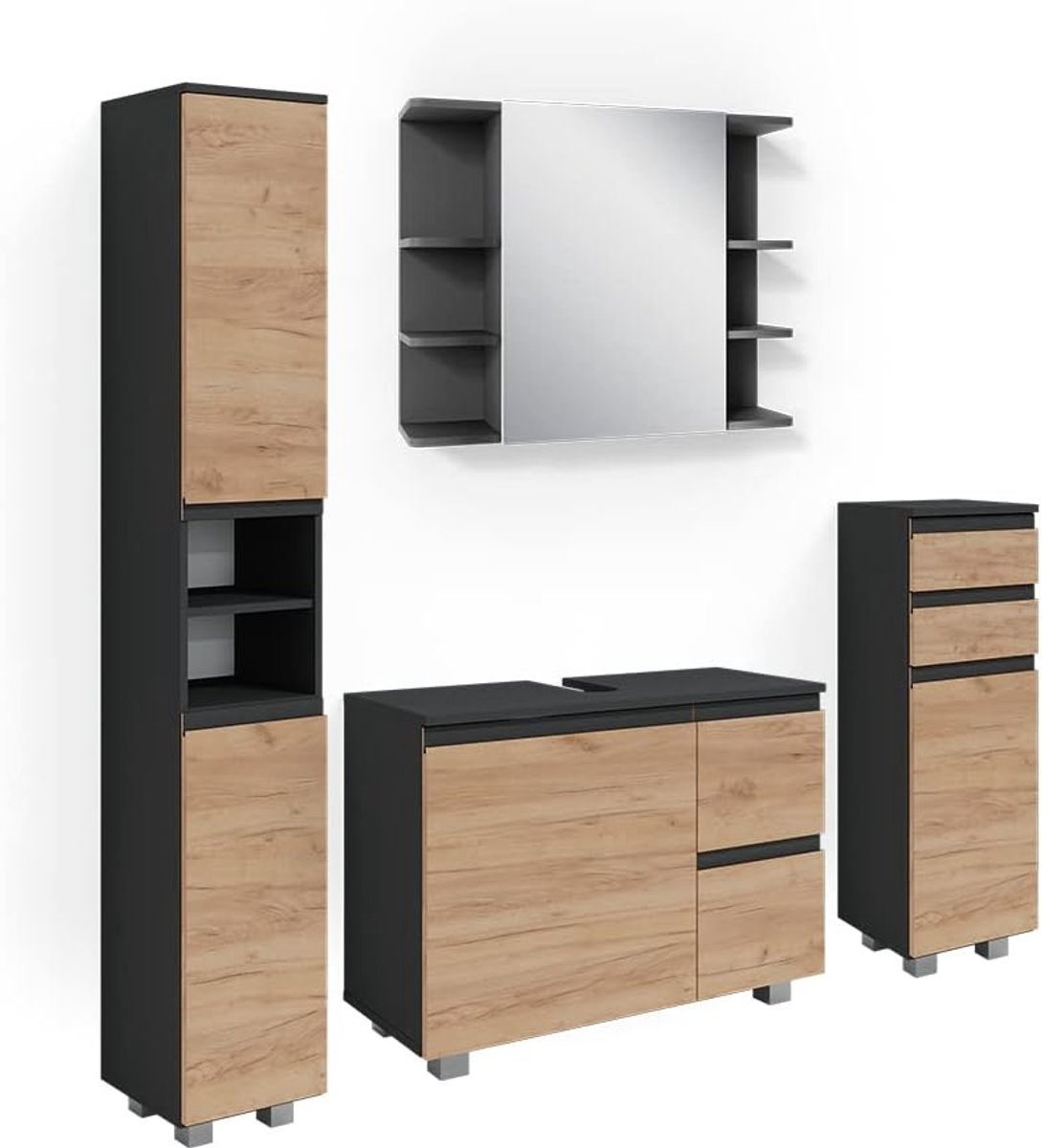 Luxe Badkamermeubelset J-Design | Antraciet & Eiken | Complete 4-Delige Badkamerkastenset met Spiegelkast, Wastafelonderkast & Midi Kast | Moderne Opbergoplossing – Vochtbestendig & Krasvast