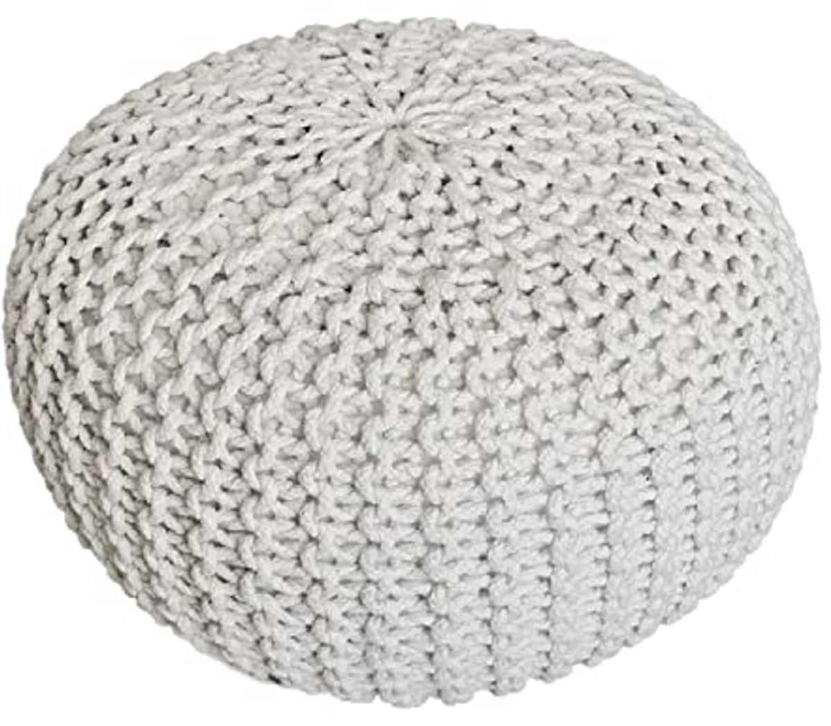 Grof Gebreide Poef Ø 55 cm - Multi-functionele Zitpoef met Hoogte 37 cm - Wit