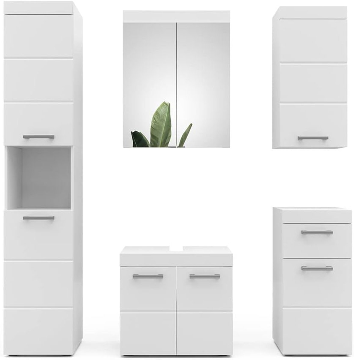 Luxe Badkamermeubel Set Luna Deluxe – 5-delige Wit Hoogglans Badkamerkast Set met Spiegelkast, Onderkast, Hangkast & Midi Kast – Moderne Badkamermeubels Met Veel Opbergruimte