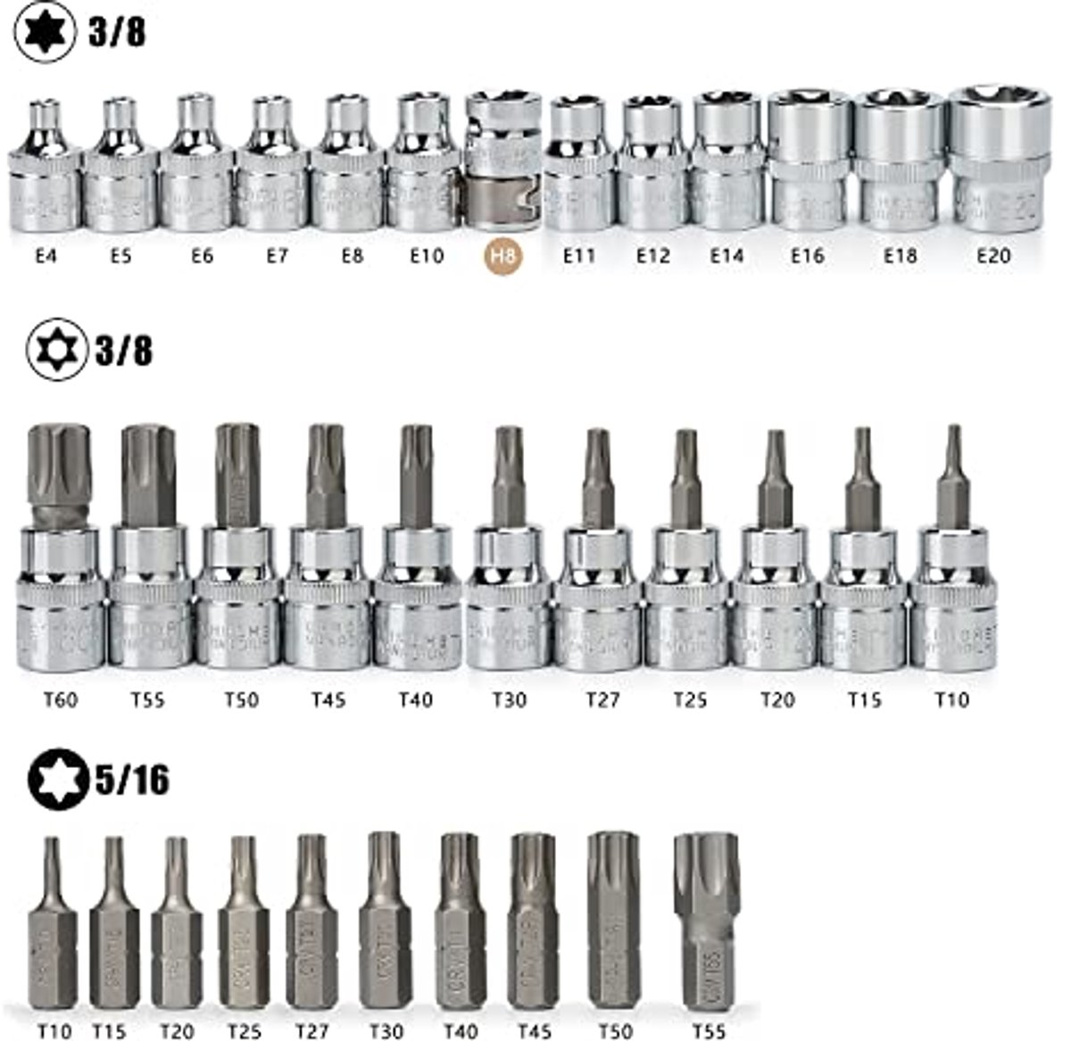 34-delige E-Torx Dopsleutelset met Bitdoppen en Adaptors - Perfect voor Auto- en Fietsreparaties