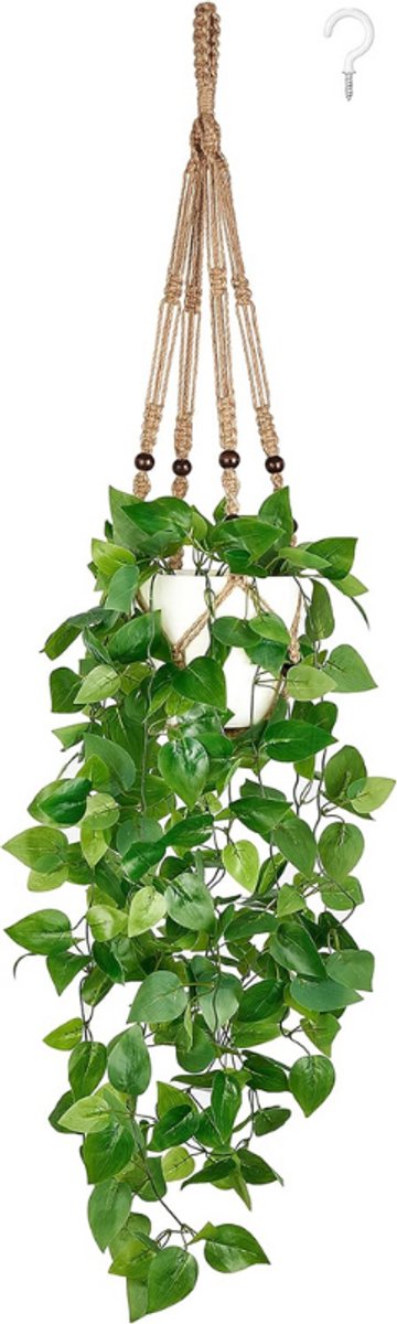 BOG Hangende Kunstplant Met Pot - Kunstplant In Macramé Hanger - Hangplant Met Nep Vines - Kunstplanten Voor Binnen Decoratie - Groen - Bruin