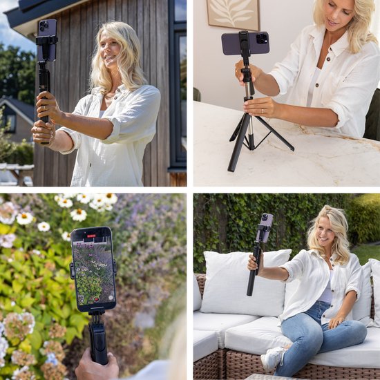 Collage: Vrouw met selfiestick buiten, bij een bureau, foto's met telefoon, en zittend op een bank.