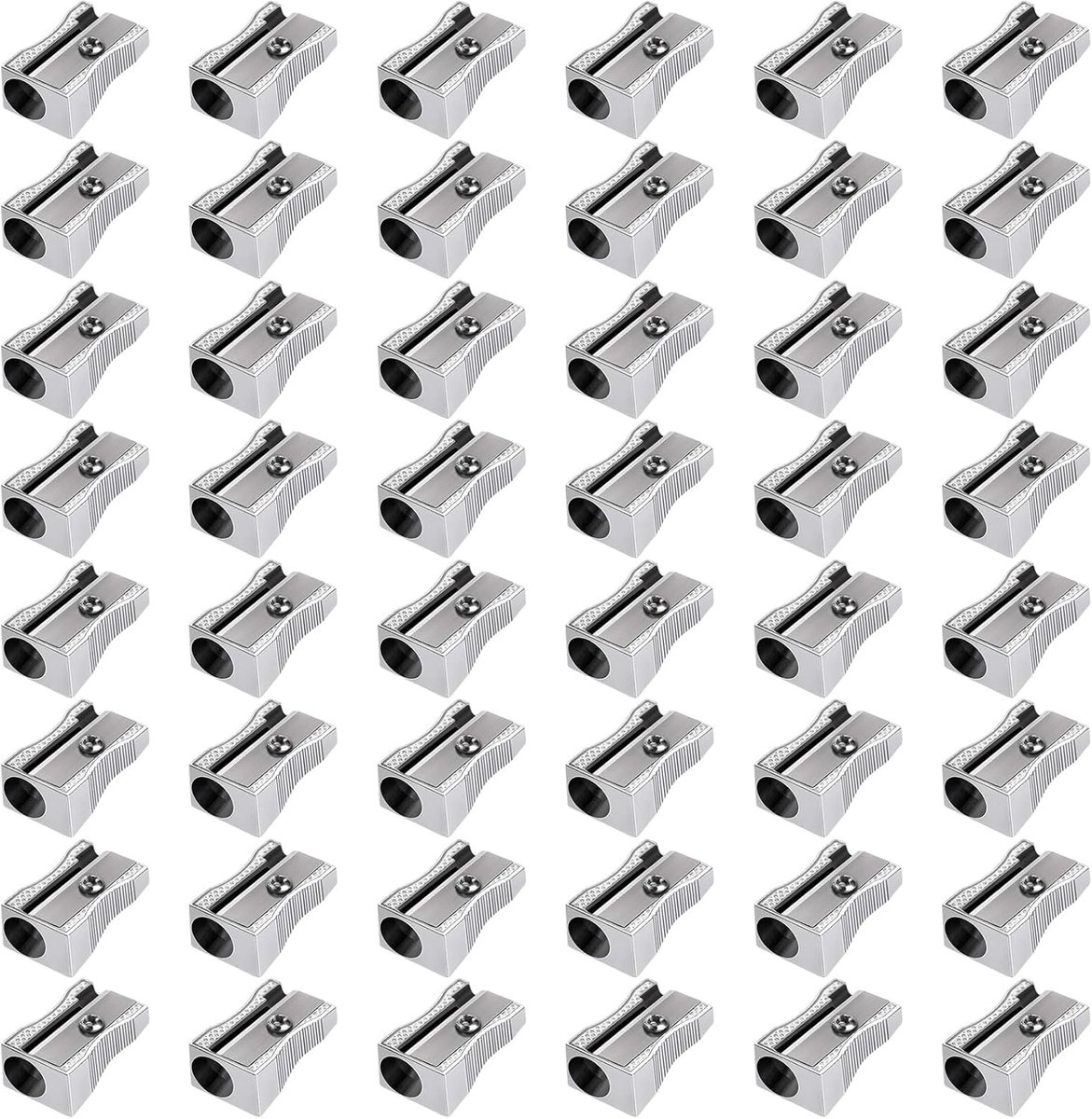 48 stuks metalen puntenslijpers, draagbare metalen mini-puntenslijpers, handmatige puntenslijpers met enkel gat, aluminiumlegering puntenslijper voor standaardformaat (zilver)