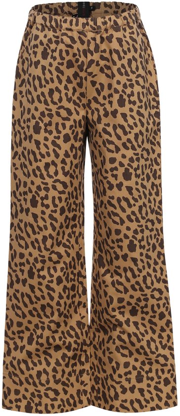 Bruine wijde broek met zwarte luipaardprint en elastische tailleband.