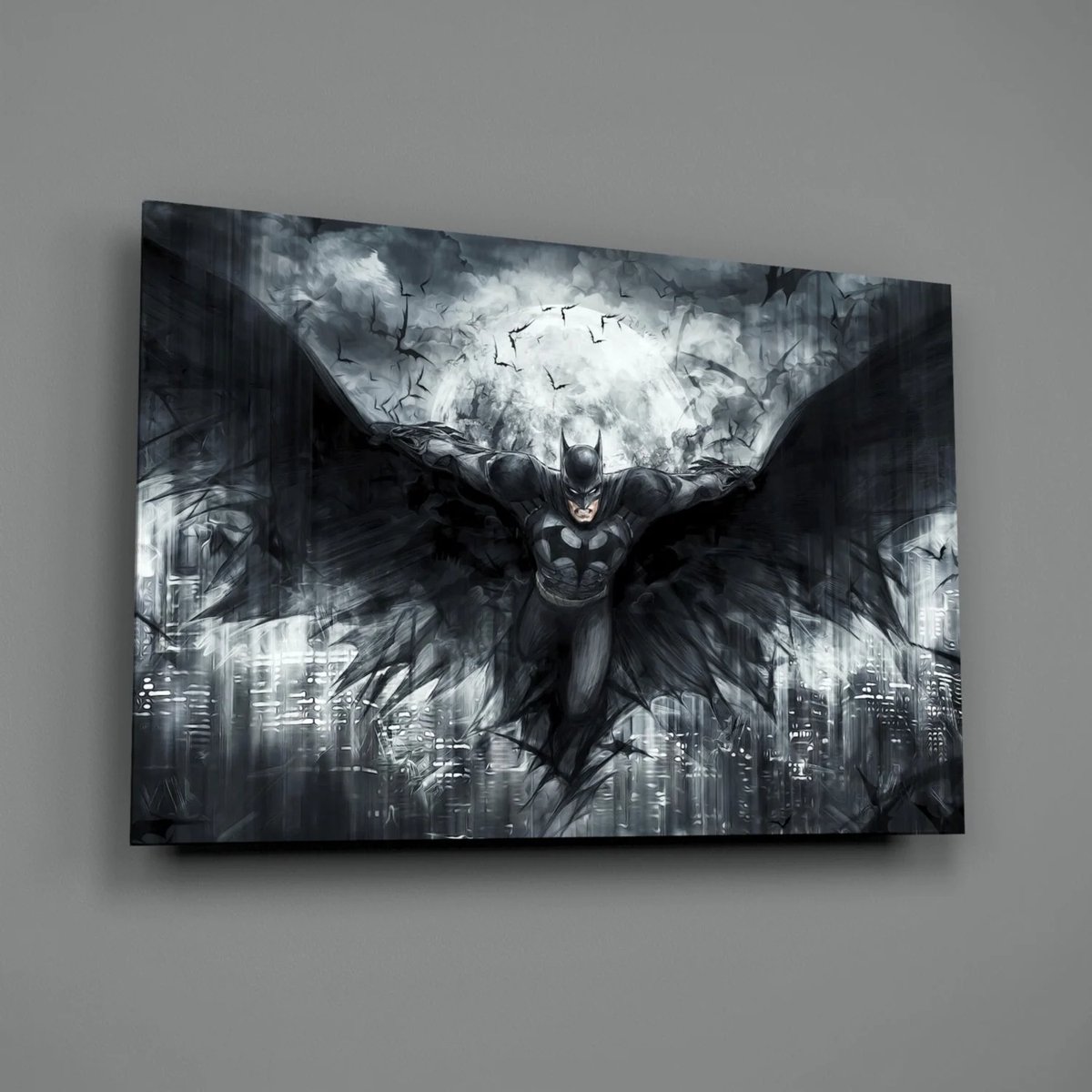 Insigne Art Glasschilderij - Batman - Moderne Kunst - Woonkamer - Slaapkamer - 110x70 cm Zwart