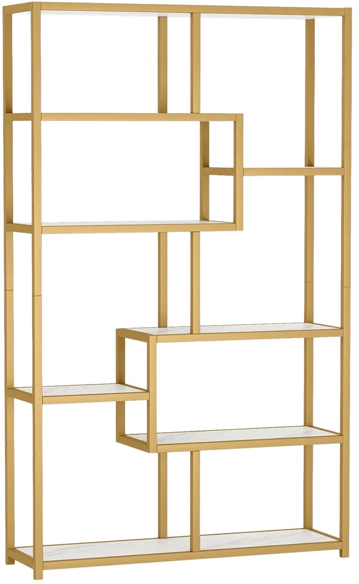 Happiq Boekenkast Aravon - 8 Lagen - Boekenrek Metaal - Goud en Marmerlook - Voor Woonkamer