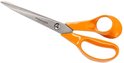 Fiskars schaar met oranje handgrepen en roestvrijstalen mes, met een recht, puntig mes.