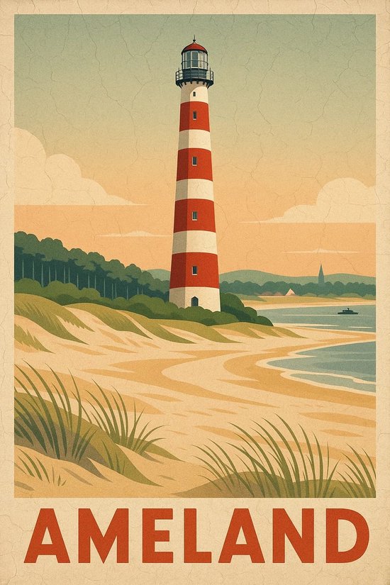 Ameland Poster - Steden Posters - Nederland - Tekst - Bornrif - Vuurtoren - Wanddecoratie Woonkamer - 180 gram papier - 6694WV - Formaat 60 x 90cm
