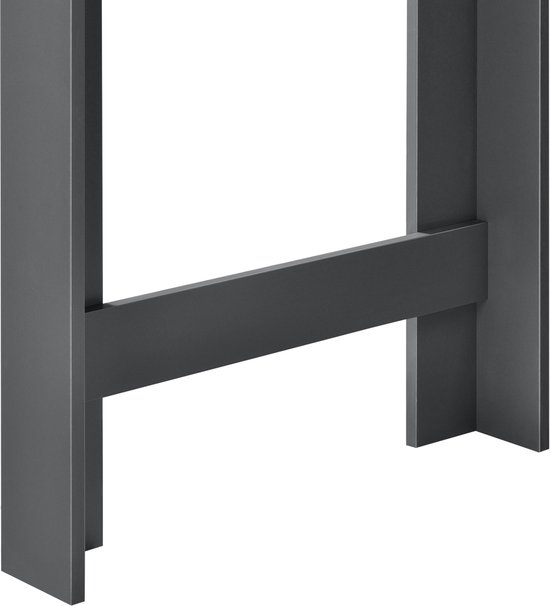 Onderkant van de donkergrijze bartafel, met de rechte poten en een verbindingsbalk.