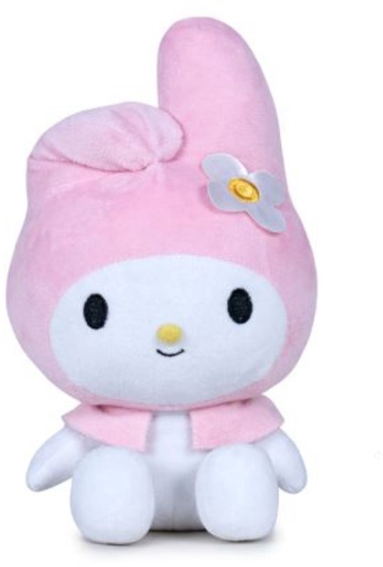 Roze My Melody knuffel met witte bloem op capuchon en witte kraag.
