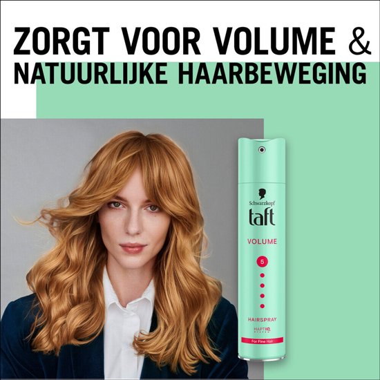 Vrouw met volumineus, golvend rood haar, naast een mintgroene spuitbus Taft Volume haarspray.