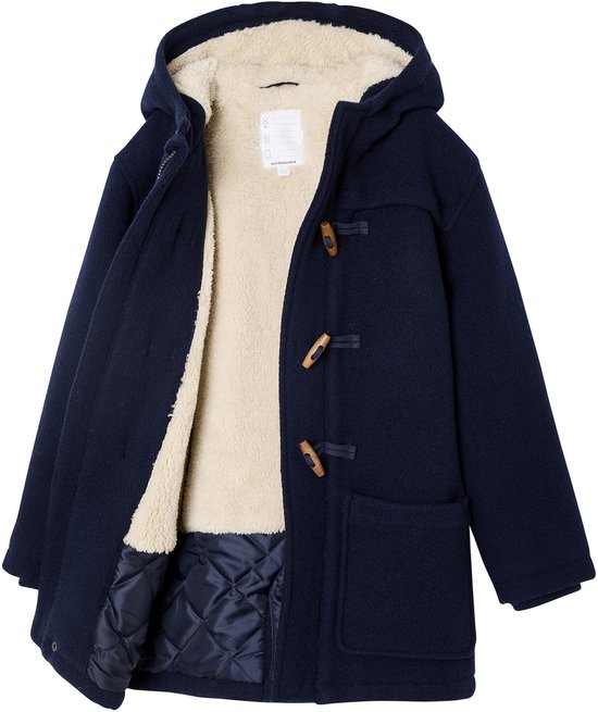 Donkerblauwe wollen duffeljas met klittenbandsluiting, houten knopen en een teddyvoering.