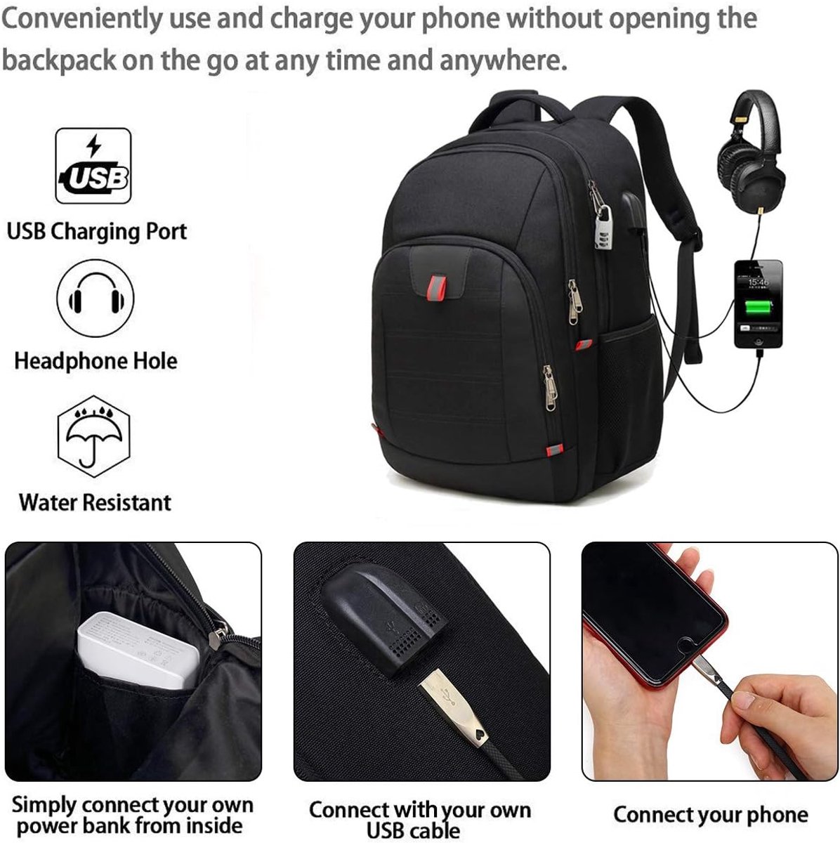 Lichtgewicht Laptoprugzak voor School en Reizen - Waterdichte Backpack met USB Oplaadpoort - 15.6 Inch Laptopvak Zwart – foto 5