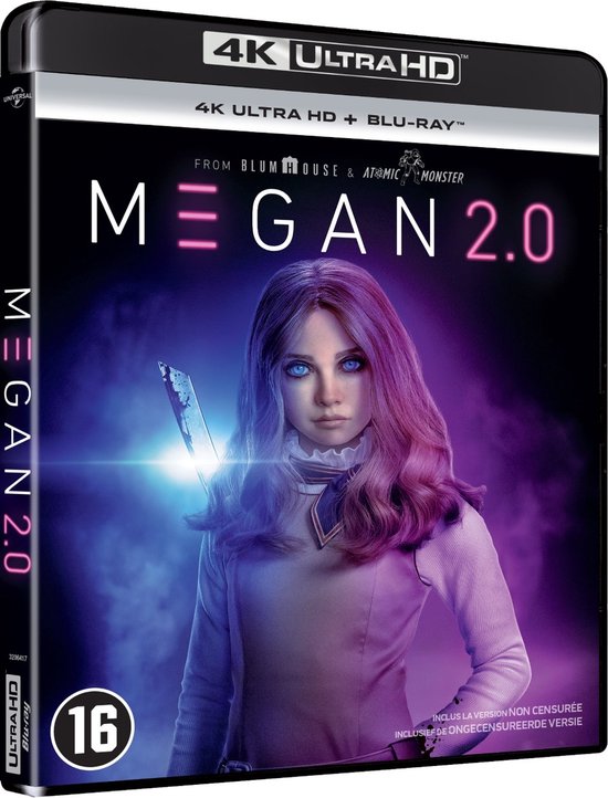 De M3GAN 2.0 4K Ultra HD Blu-ray hoes toont een meisje met paars haar en blauwe ogen dat een mes vasthoudt.