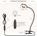 Productdetails van de clip-aan lamp: afmetingen, 23 LED's, USB-kabel, helderheid en kleuraanpassing.